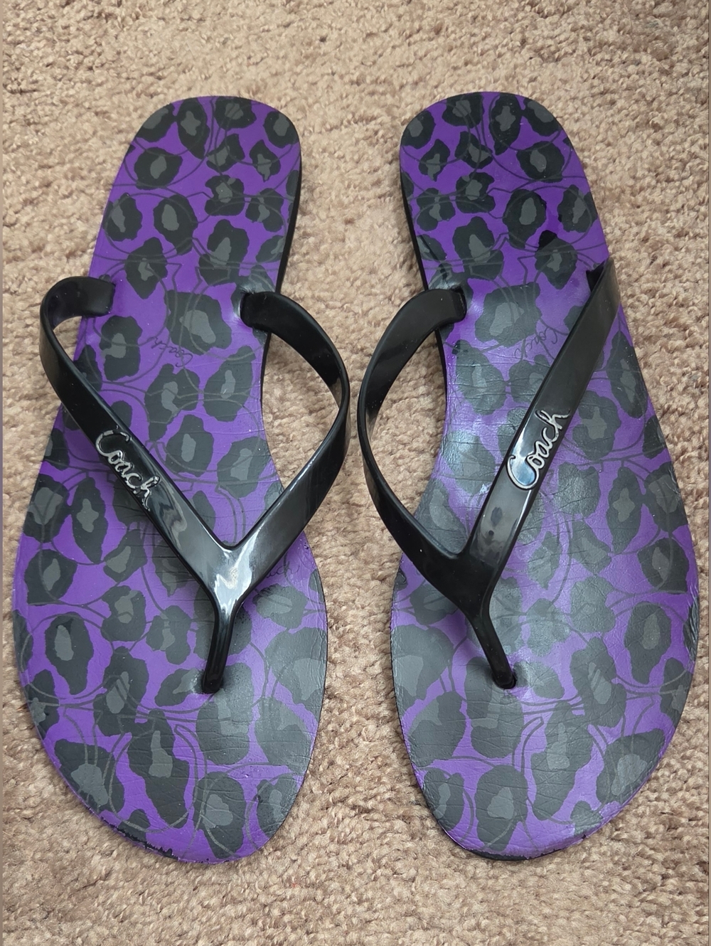 Coach Purple Leopard Print Flip Flops with Black Straps
